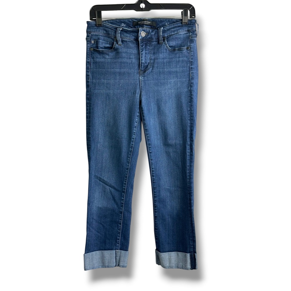 Liverpool Los Angeles Gia Crop Jeans Blue Medium Wash Cuffed Straight Leg Size 6